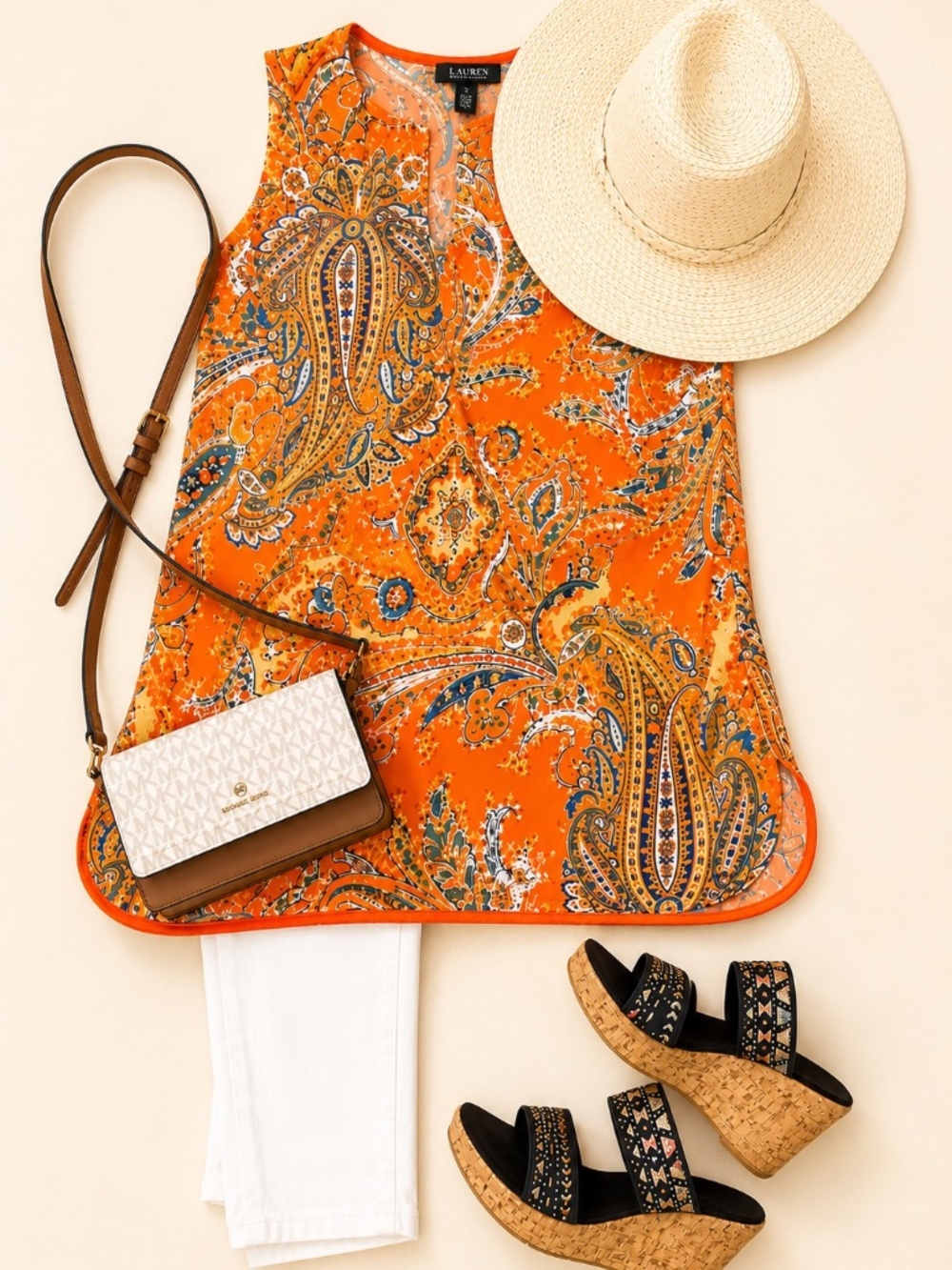 Lauren Ralph Lauren Size Large Orange Paisley Sleeveless Tunic Top